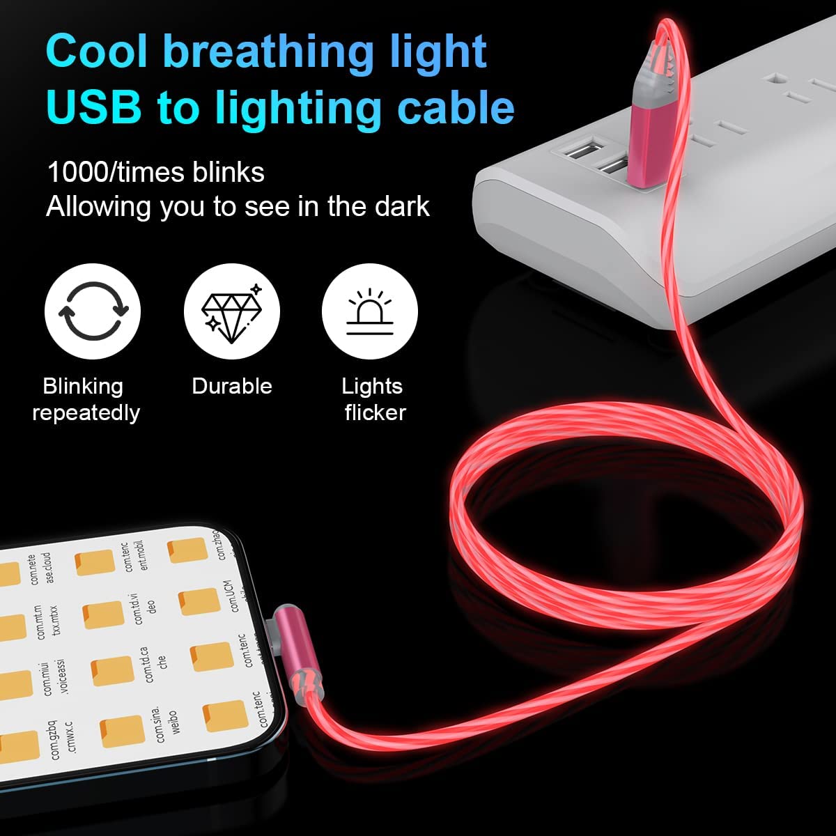 Amazon.co.jp: LEDライト搭載iPhone充電ケーブル、ピンクの光るUSB充電